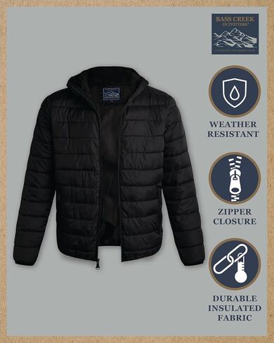 Bass Creek Outfitters Mens Puffer Jacket - Water Proof Zip Up Hooded Lightweight Jacket for Men - Insulated Jackets for Men in Saudi Arabia
