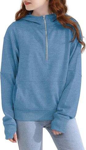 Girls Half Zip Hoodie Zip Up Pullover Sweatshirt Long Sleeve Top with Thumb Hole Pocket for Fall Winter in Saudi Arabia