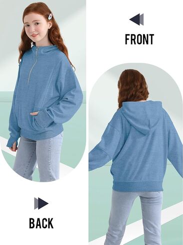 Girls Half Zip Hoodie Zip Up Pullover Sweatshirt Long Sleeve Top with Thumb Hole Pocket for Fall Winter in Saudi Arabia
