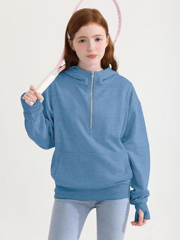 Girls Half Zip Hoodie Zip Up Pullover Sweatshirt Long Sleeve Top with Thumb Hole Pocket for Fall Winter in Saudi Arabia