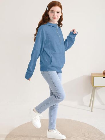 Girls Half Zip Hoodie Zip Up Pullover Sweatshirt Long Sleeve Top with Thumb Hole Pocket for Fall Winter in Saudi Arabia