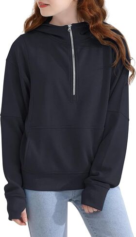 Girls Half Zip Hoodie Zip Up Pullover Sweatshirt Long Sleeve Top with Thumb Hole Pocket for Fall Winter in Saudi Arabia