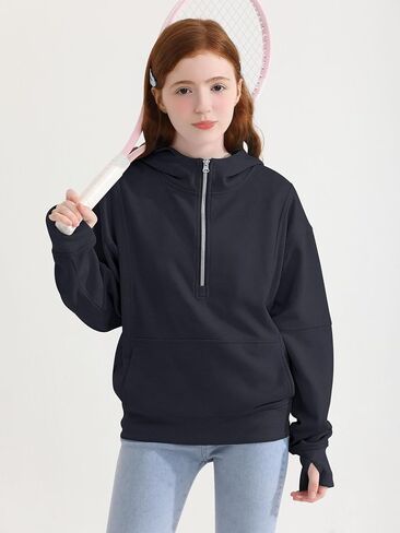 Girls Half Zip Hoodie Zip Up Pullover Sweatshirt Long Sleeve Top with Thumb Hole Pocket for Fall Winter in Saudi Arabia