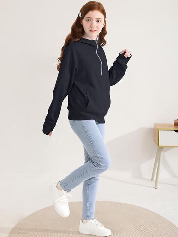 Girls Half Zip Hoodie Zip Up Pullover Sweatshirt Long Sleeve Top with Thumb Hole Pocket for Fall Winter in Saudi Arabia