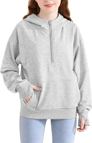 Girls Half Zip Hoodie Zip Up Pullover Sweatshirt Long Sleeve Top with Thumb Hole Pocket for Fall Winter in Saudi Arabia