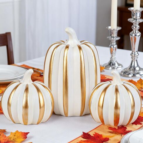 Fangoo 3PCS White Artificial Pumpkins for Fall Tabletop Decor Indoor Fake Resin Pumpkins Figurines Halloween Autumn Harvest Thanksgiving Decorations for Table Centerpiece Fireplace Home Office Party in Saudi Arabia