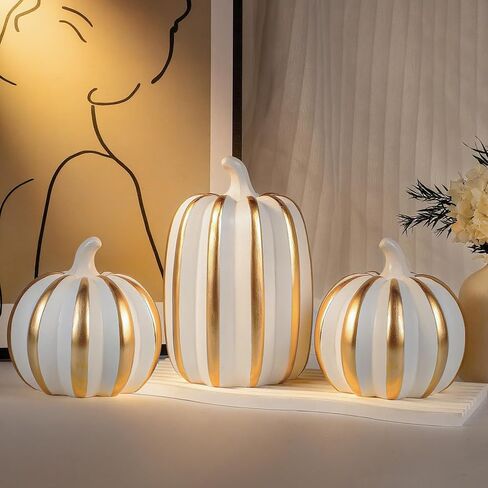 Fangoo 3PCS White Artificial Pumpkins for Fall Tabletop Decor Indoor Fake Resin Pumpkins Figurines Halloween Autumn Harvest Thanksgiving Decorations for Table Centerpiece Fireplace Home Office Party in Saudi Arabia