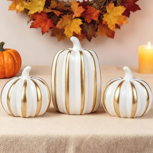 Fangoo 3PCS White Artificial Pumpkins for Fall Tabletop Decor Indoor Fake Resin Pumpkins Figurines Halloween Autumn Harvest Thanksgiving Decorations for Table Centerpiece Fireplace Home Office Party in Saudi Arabia
