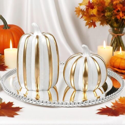 Fangoo 3PCS White Artificial Pumpkins for Fall Tabletop Decor Indoor Fake Resin Pumpkins Figurines Halloween Autumn Harvest Thanksgiving Decorations for Table Centerpiece Fireplace Home Office Party in Saudi Arabia