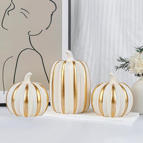 Fangoo 3PCS White Artificial Pumpkins for Fall Tabletop Decor Indoor Fake Resin Pumpkins Figurines Halloween Autumn Harvest Thanksgiving Decorations for Table Centerpiece Fireplace Home Office Party in Saudi Arabia