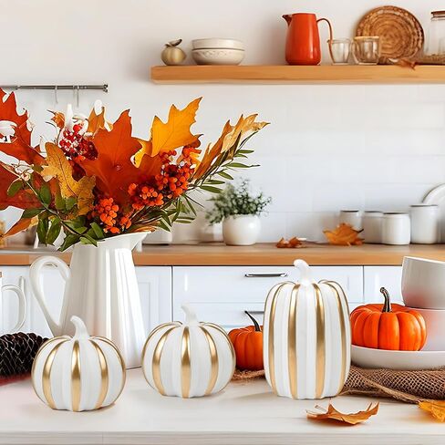 Fangoo 3PCS White Artificial Pumpkins for Fall Tabletop Decor Indoor Fake Resin Pumpkins Figurines Halloween Autumn Harvest Thanksgiving Decorations for Table Centerpiece Fireplace Home Office Party in Saudi Arabia