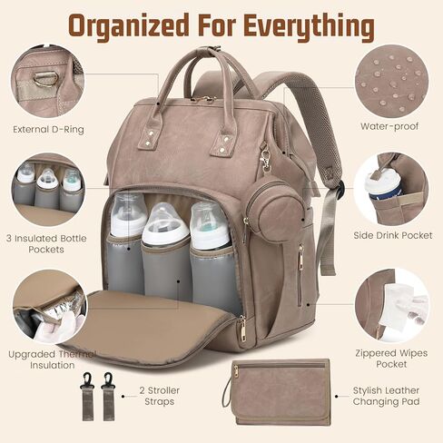 حقيبة ظهر للحفاضات - جلد نباتي، حقيبة سفر مضادة للماء للأطفال مع وسادة تغيير الحفاضات، حقيبة اللهاية، جيب للسرقة، كبيرة 35 لتر، هدايا استحمام الطفل للأم والأب، أسود in Kuwait