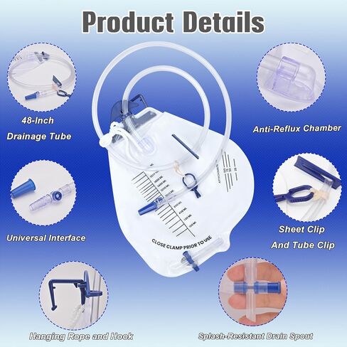 3 حزمة حقيبة تصريف البولية مع صمام مضاد للتراجع ، حقيبة بولس القسطرة مع حجم 2000 مل ، 48 "أنبوب الصرف ، حقيبة البول الاحترافية بجانب الليل للمنزل in Kuwait