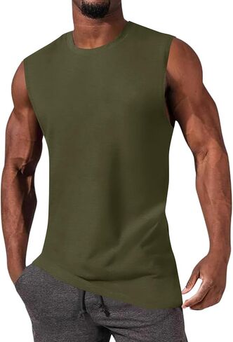Mens Workout Sleeveless Shirts Cotton Casual Tank Tops Muscle Gym Cut Off T-Shirts in Kuwait