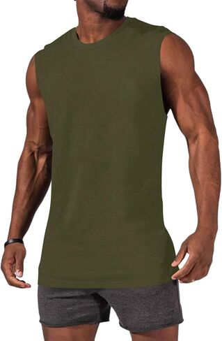 Mens Workout Sleeveless Shirts Cotton Casual Tank Tops Muscle Gym Cut Off T-Shirts in Kuwait