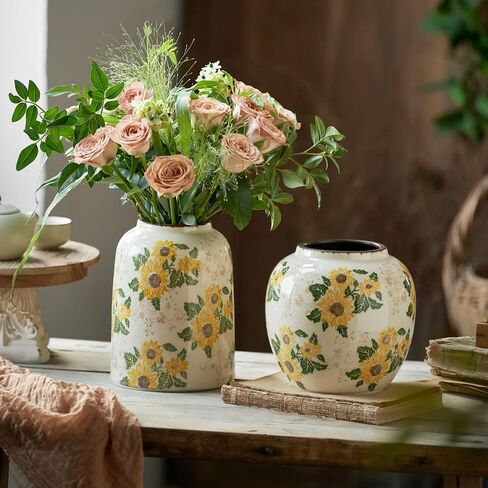Matte White Cylinder Ceramic Flower Vase of 2, Mid Century Minimalist Vases for Modern Boho Ins Style Coffee Table Shelf Home Decor, Living Room Centerpieces Decorative (M 8.3 in + Large 10 in) in Saudi Arabia