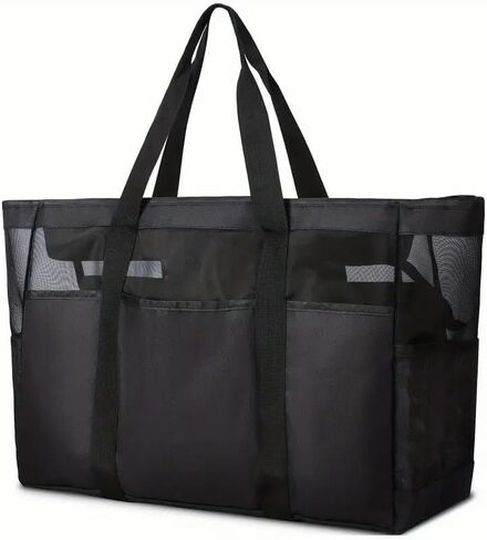 XXL سعة كبيرة السعة القماشية Beach Bag - قابلة للطي ، سستة ، سهلة النظيف مع أحزمة كتف ثابتة ، مثالية للسفر على الشاطئ ، النزهات والسباحة - أسود ، حقيبة حمل سفر | in Kuwait