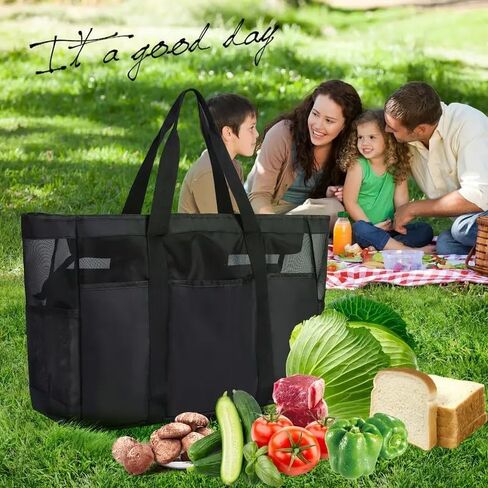 XXL سعة كبيرة السعة القماشية Beach Bag - قابلة للطي ، سستة ، سهلة النظيف مع أحزمة كتف ثابتة ، مثالية للسفر على الشاطئ ، النزهات والسباحة - أسود ، حقيبة حمل سفر | in Kuwait
