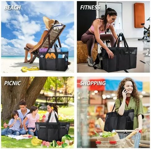 XXL سعة كبيرة السعة القماشية Beach Bag - قابلة للطي ، سستة ، سهلة النظيف مع أحزمة كتف ثابتة ، مثالية للسفر على الشاطئ ، النزهات والسباحة - أسود ، حقيبة حمل سفر | in Kuwait