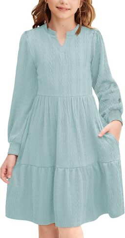 Girls Fall Knit Dresses V Neck Long Puff Sleeve Dress Ruffle Hem with Pockets 6-14 Years in Saudi Arabia