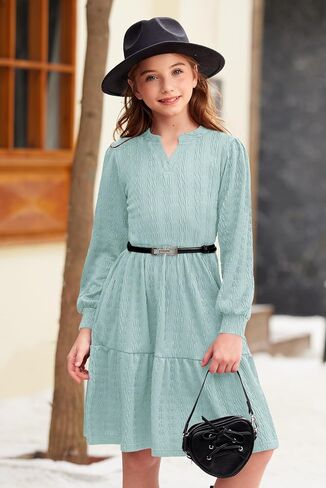 Girls Fall Knit Dresses V Neck Long Puff Sleeve Dress Ruffle Hem with Pockets 6-14 Years in Saudi Arabia