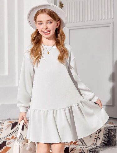 Arshiner Girls Dresses Long Sleeve Pullover Tops Drop Shoulder Sweatshirt Casual Dress with Pockets in Saudi Arabia
