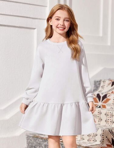 Arshiner Girls Dresses Long Sleeve Pullover Tops Drop Shoulder Sweatshirt Casual Dress with Pockets in Saudi Arabia