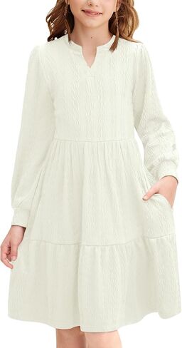 Girls Fall Knit Dresses V Neck Long Puff Sleeve Dress Ruffle Hem with Pockets 6-14 Years in Saudi Arabia