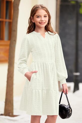 Girls Fall Knit Dresses V Neck Long Puff Sleeve Dress Ruffle Hem with Pockets 6-14 Years in Saudi Arabia