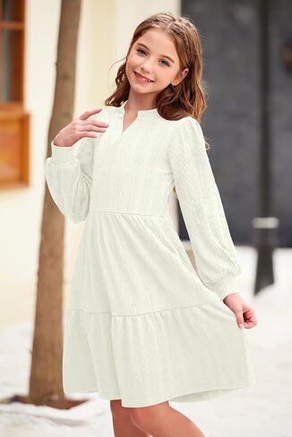 Girls Fall Knit Dresses V Neck Long Puff Sleeve Dress Ruffle Hem with Pockets 6-14 Years in Saudi Arabia