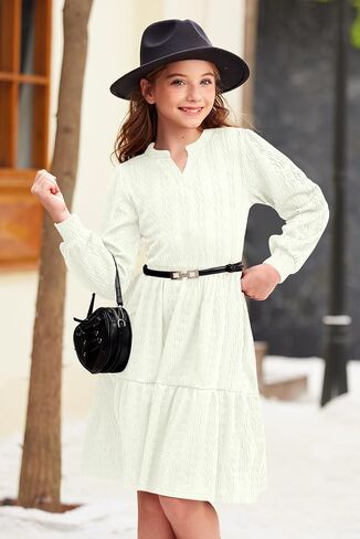 Girls Fall Knit Dresses V Neck Long Puff Sleeve Dress Ruffle Hem with Pockets 6-14 Years in Saudi Arabia