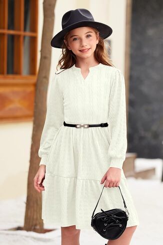 Girls Fall Knit Dresses V Neck Long Puff Sleeve Dress Ruffle Hem with Pockets 6-14 Years in Saudi Arabia