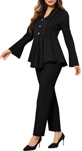 Women Pants Suits 2 Piece Business Long Bell Sleeve Button Peplum Hem Blazer Pants Set in Kuwait