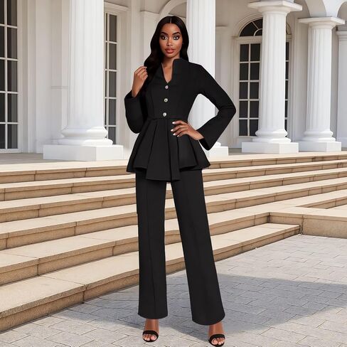 Women Pants Suits 2 Piece Business Long Bell Sleeve Button Peplum Hem Blazer Pants Set in Kuwait