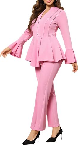 Women Pants Suits 2 Piece Business Long Bell Sleeve Button Peplum Hem Blazer Pants Set in Kuwait