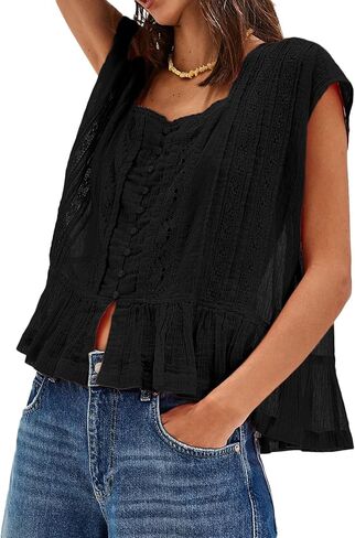 Women Ruffle Bow Tie Babydoll Tops Boho Lace Sheer Flowy Peasant Blouses Y2k Short Sleeve Eyelet Peplum Crop Shirts in Saudi Arabia