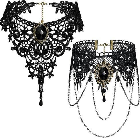 Gothic Necklaces for Women Black Choker Collar Necklaces for Women Witch Goth Necklace Sexy Lace Choker Set Statement Punk Necklace Cosplay Vampire Accessories Gothic Halloween Jewelry in Saudi Arabia