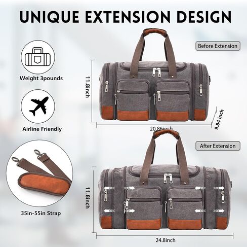 Canvas Duffle Bag for Travel ، 50L قابلة للتوسيع على أكياس القراصنة القشرية ذات الليل مع مقصورات الكمبيوتر المحمول في نهاية الأسبوع حقيبة صالة رياضية للرجال (أسود) in Kuwait