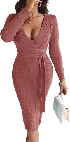 CHICME 2025 Elegant Cable Knit Wrap Dress for Women Long Sleeve V Neck Tie Waist Midi Sweater Dress in Kuwait