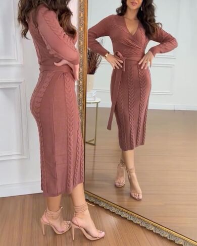 CHICME 2025 Elegant Cable Knit Wrap Dress for Women Long Sleeve V Neck Tie Waist Midi Sweater Dress in Kuwait