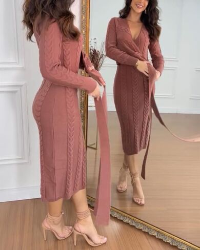 CHICME 2025 Elegant Cable Knit Wrap Dress for Women Long Sleeve V Neck Tie Waist Midi Sweater Dress in Kuwait