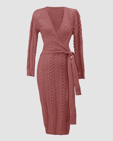CHICME 2025 Elegant Cable Knit Wrap Dress for Women Long Sleeve V Neck Tie Waist Midi Sweater Dress in Kuwait