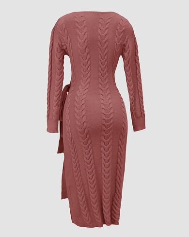CHICME 2025 Elegant Cable Knit Wrap Dress for Women Long Sleeve V Neck Tie Waist Midi Sweater Dress in Kuwait