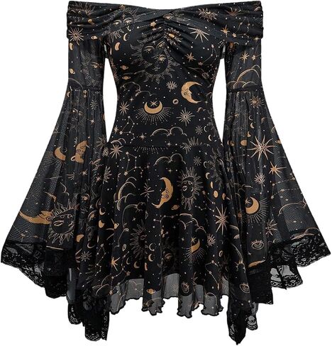 Wdirara Women's Gothic Print Choled of the Counter Dress Long Bell Sleeve Mesh Short Dresses in Saudi Arabia