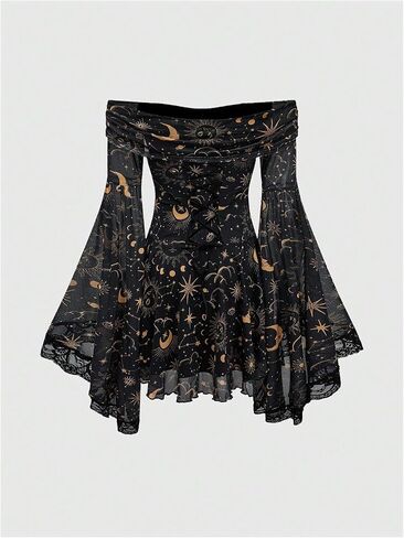 Wdirara Women's Gothic Print Choled of the Counter Dress Long Bell Sleeve Mesh Short Dresses in Saudi Arabia