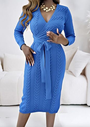 CHICME 2025 Elegant Cable Knit Wrap Dress for Women Long Sleeve V Neck Tie Waist Midi Sweater Dress in Saudi Arabia