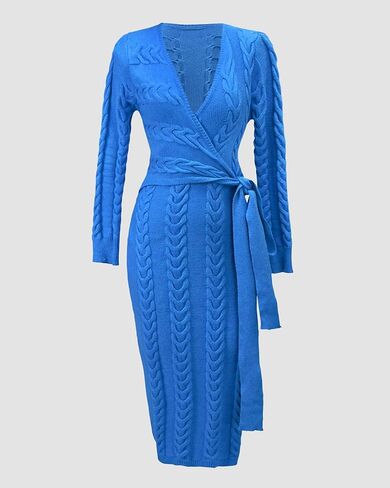 CHICME 2025 Elegant Cable Knit Wrap Dress for Women Long Sleeve V Neck Tie Waist Midi Sweater Dress in Saudi Arabia