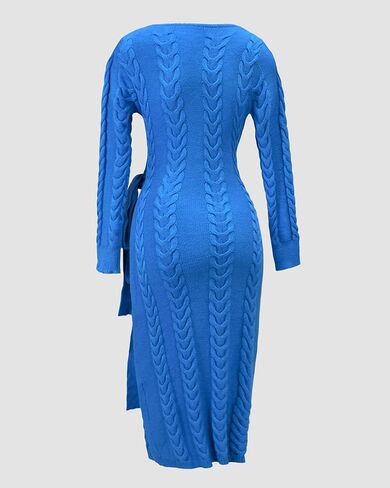 CHICME 2025 Elegant Cable Knit Wrap Dress for Women Long Sleeve V Neck Tie Waist Midi Sweater Dress in Saudi Arabia