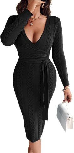 CHICME 2025 Elegant Cable Knit Wrap Dress for Women Long Sleeve V Neck Tie Waist Midi Sweater Dress in Saudi Arabia