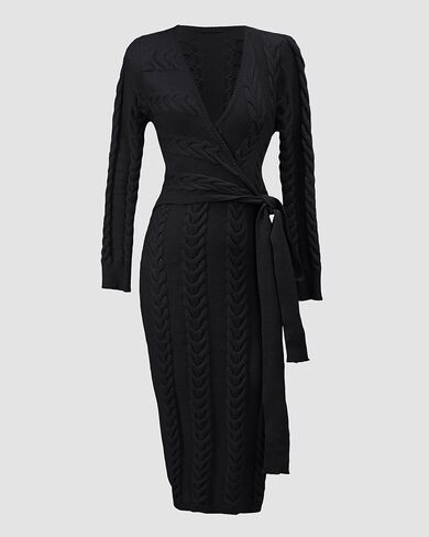 CHICME 2025 Elegant Cable Knit Wrap Dress for Women Long Sleeve V Neck Tie Waist Midi Sweater Dress in Saudi Arabia